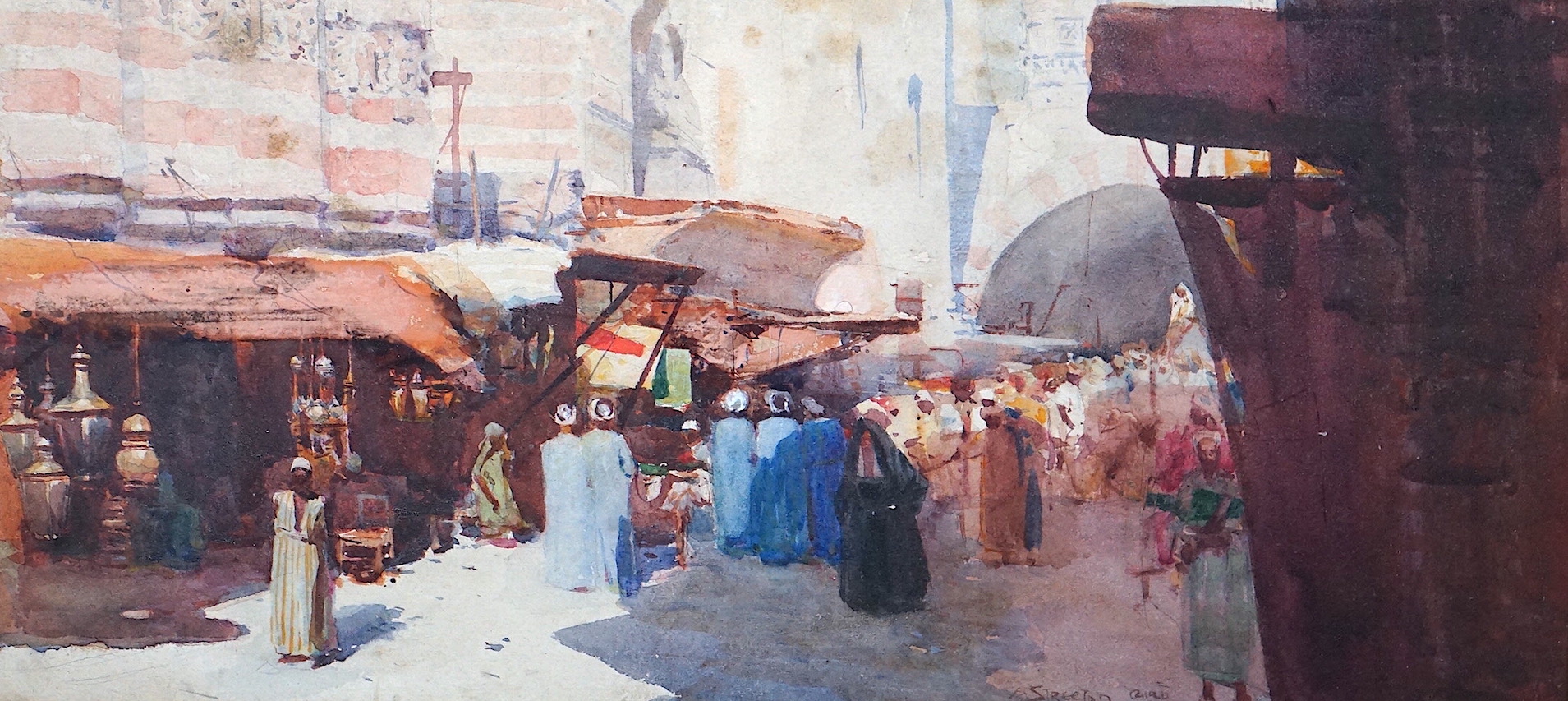 Arthur Ernest Streeton (Australian, 1867-1943), Cairo street scene, watercolour, 20 x 42.5cm